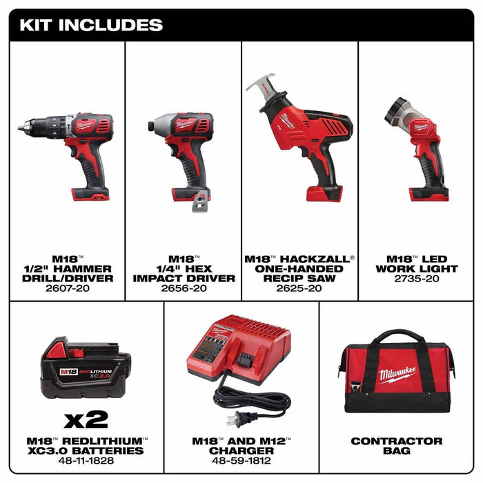 Milwaukee 2695-24 M18 Cordless Combo Compact Hammer Drill/Hackzall/1/4 Hex Impact Driver/Work Light/Charger/2 Battery - 3