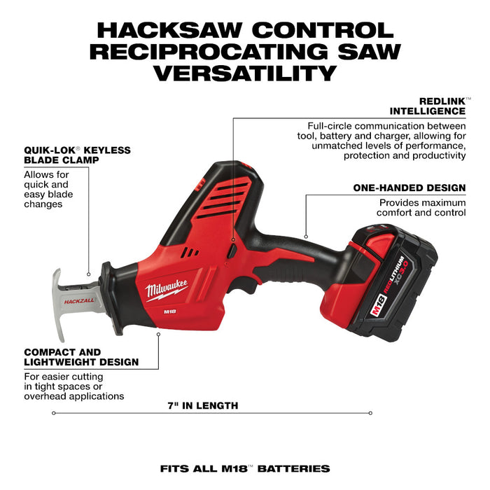 Milwaukee 2695-24 M18 Cordless Combo Compact Hammer Drill/Hackzall/1/4 Hex Impact Driver/Work Light/Charger/2 Battery - 6