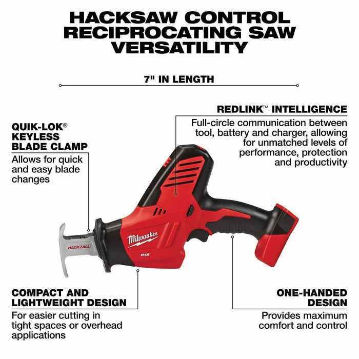 Milwaukee 2695-24 M18 Cordless Combo Compact Hammer Drill/Hackzall/1/4 Hex Impact Driver/Work Light/Charger/2 Battery - 9