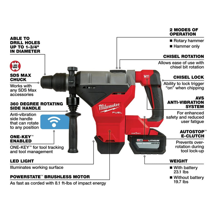 Milwaukee 2718-22HD M18 FUEL 1-3/4" SDS MAX Rotary Hammer ONE KEY Kit 2-Battery - 7