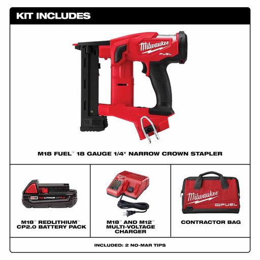 Milwaukee 2749-21CT M18 FUEL 18GA 1/4" NARROW CROWN STAPLER- 1 Battery CP2.0 Kit - 2