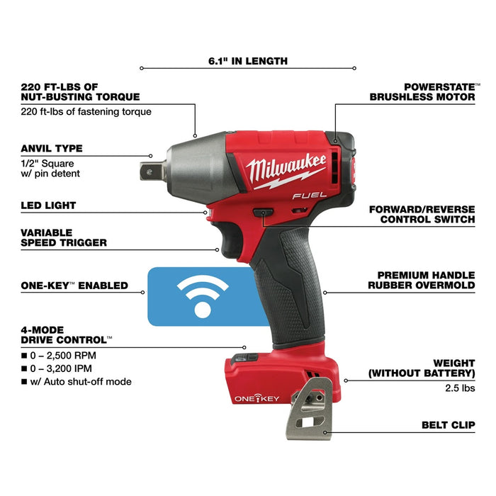 Milwaukee 2759-20 M18 FUEL 1/2" Compact Impact Wrench with Pin Detent with ONE-KEY (Bare Tool) - 4