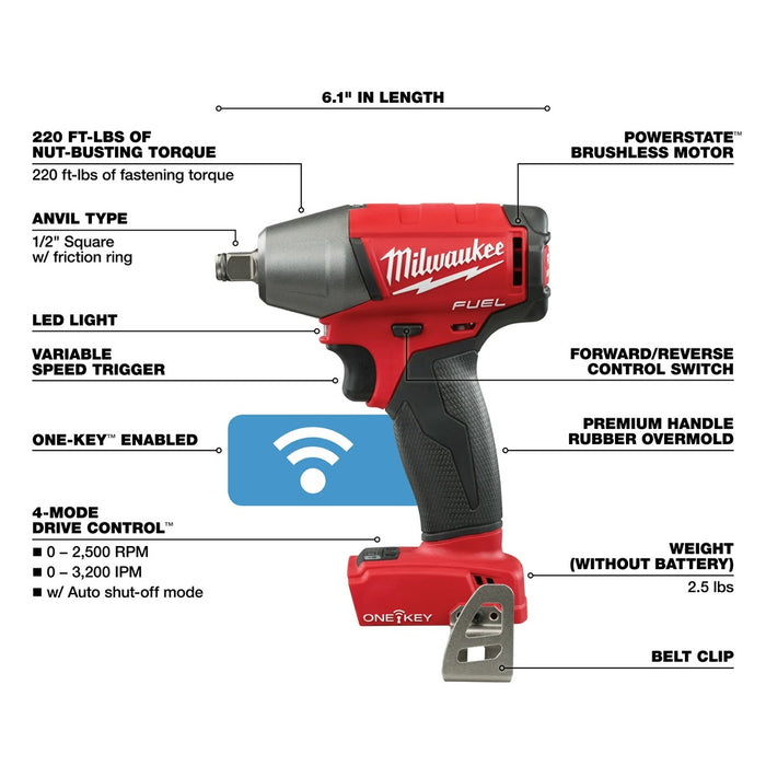 Milwaukee 2759B-20 M18 FUEL 1/2" Compact Impact Wrench with Friction Ring with ONE-KEY (Bare Tool) - 4