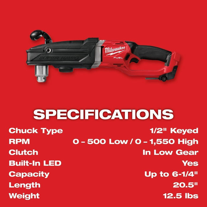 Milwaukee 2809-20 M18 FUEL Super Hawg 1/2" Right Angle Drill - Bare Tool - 8