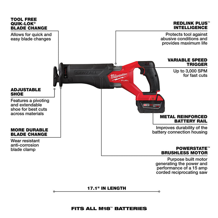 Milwaukee  2821-22 M18 FUEL™ SAWZALL® Recip Saw - 2 Battery XC5.0 Kit - 8