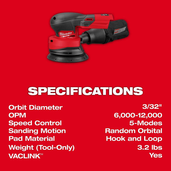 Milwaukee 2837-20 M18 FUEL 5" Random Orbital Sander with Brushless Motor - 9