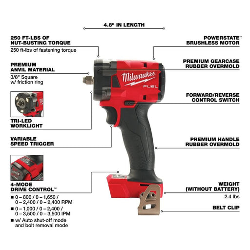 Milwaukee 2854-21HO M18 FUEL 3/8" Compact Impact Wrench w/ Friction Ring Kit - 2