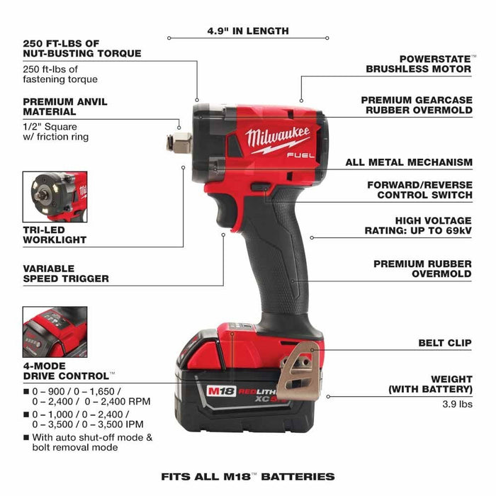 Milwaukee 2855-22 M18 FUEL™ 1/2" Compact Impact Wrench w/ Friction Ring Kit - 5