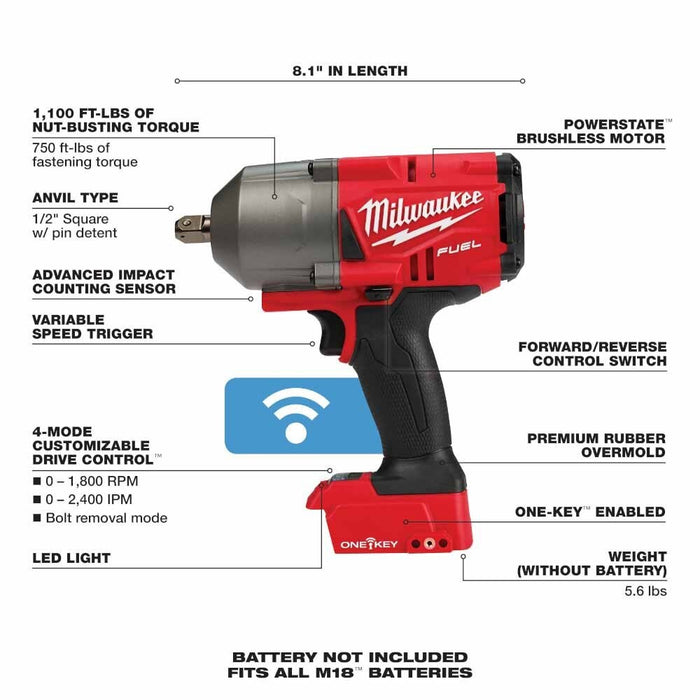 Milwaukee 2862-20 M18 FUEL ONE-KEY High Torque Impact Wrench 1/2" Pin Detent Bare - 4