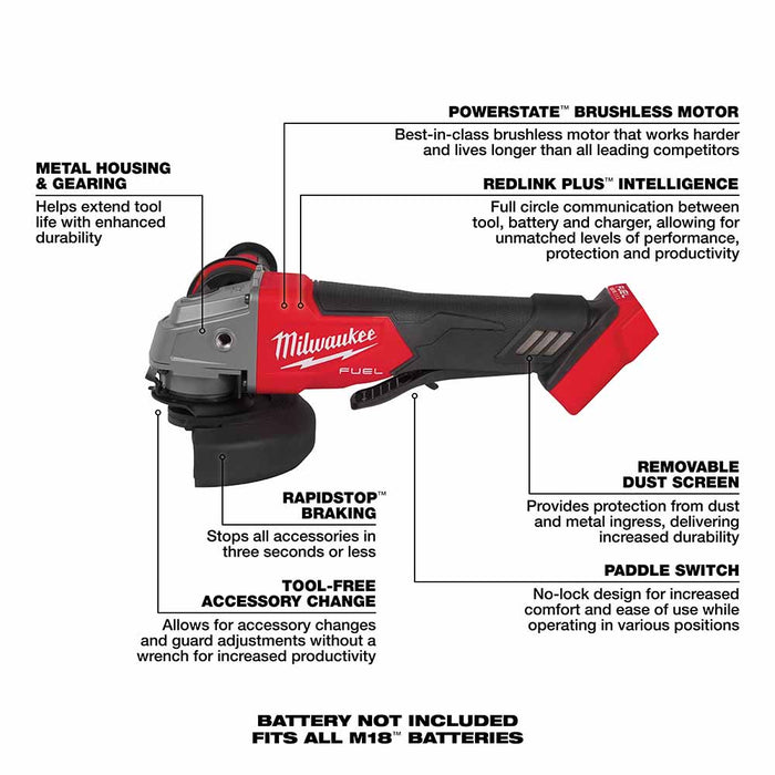 Milwaukee 2880-20 M18 FUEL™ 4-1/2" / 5" Grinder Paddle Switch, No-Lock - 7