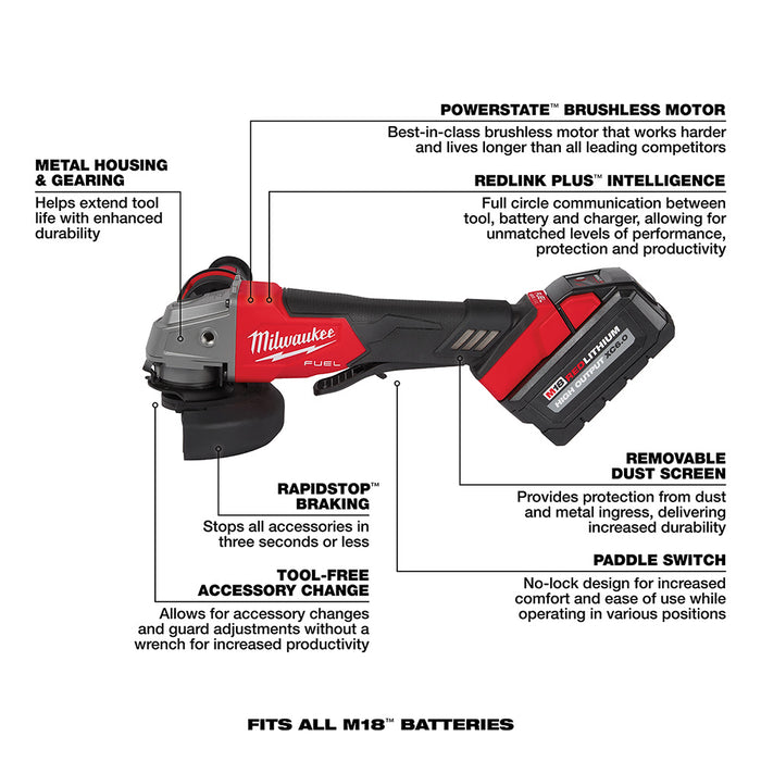 Milwaukee 2880-22 M18 FUEL™ 4-1/2" / 5" Grinder Paddle Switch, No-Lock Kit - 13