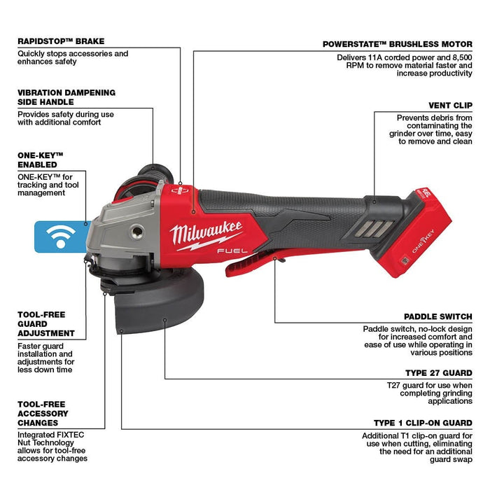 Milwaukee 2882-20 M18 FUEL™ 4-1/2" / 5" Braking Grinder w/ ONE-KEY™  Paddle Switch, No-Lock - 20