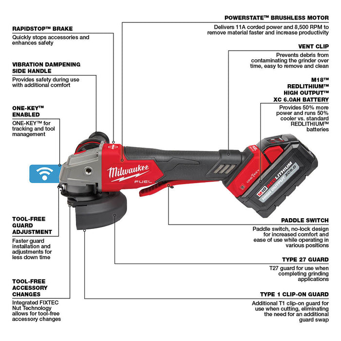 Milwaukee 2882-22 M18 FUEL™ 4-1/2" / 5" Braking Grinder w/ ONE-KEY™  Paddle Switch, No-Lock Kit - 18