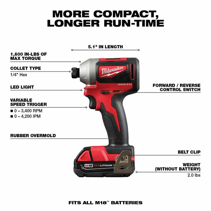 Milwaukee 2893-22CX M18 Brushless Hammer Drill/Impact Combo Kit 2.0,4.0 - 7