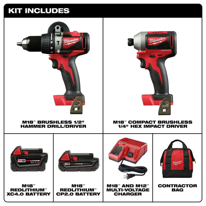 Milwaukee 2893-22CX M18 Brushless Hammer Drill/Impact Combo Kit 2.0,4.0 - 4