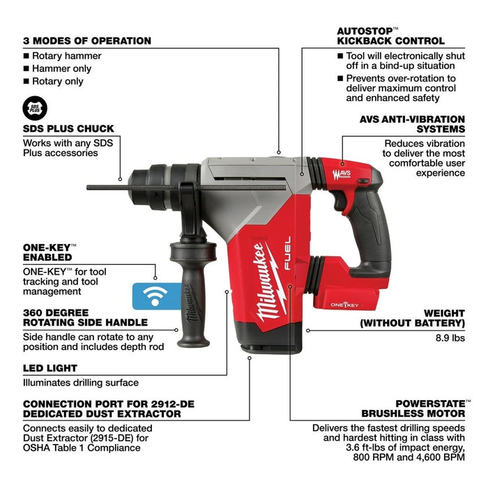 Milwaukee 2915-20 M18 FUEL 1-1/8 SDS Plus Rotary Hammer Bare Tool - 14