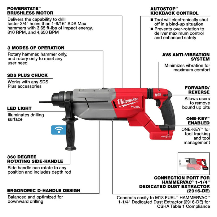 Milwaukee 2916-20 M18 FUEL 1-1/4" SDS Plus D-Handle Rotary Hammer w/ ONE-KEY - 7