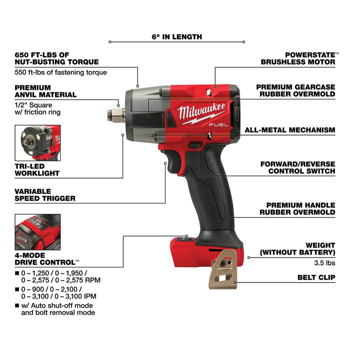 Milwaukee 2962-20 M18 FUEL™ 1/2" Mid-Torque Impact Wrench w/ Friction Ring Bare Tool - 4