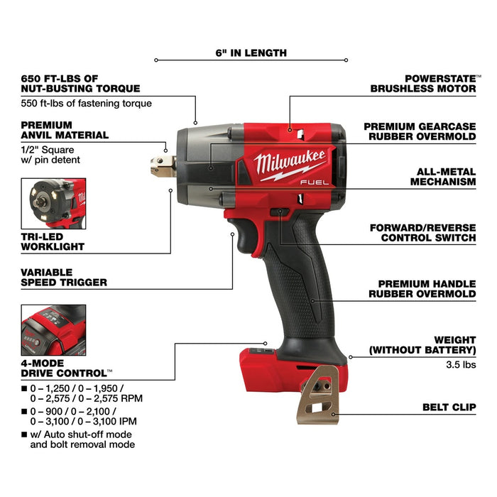 Milwaukee 2962P-20 M18 FUEL™ 1/2" Mid-Torque Impact Wrench w/ Pin Detent Bare Tool - 5