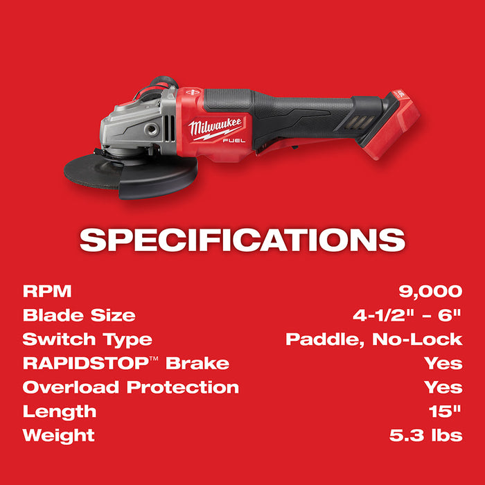 Milwaukee 2980-20 M18 FUEL 4-1/2" - 6" GRINDER, PADDLE SWITCH NO-LOCK, Bare - 8