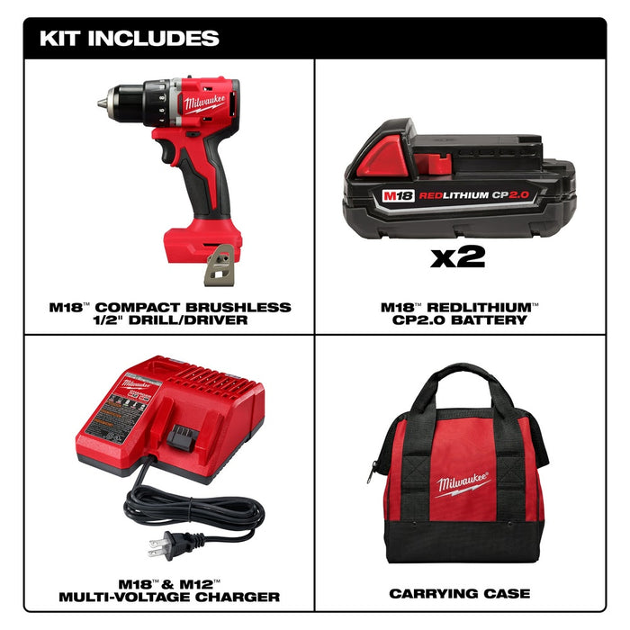 Milwaukee 3601-22CT M18 Compact Brushless 1/2" Drill/Driver Kit - 3