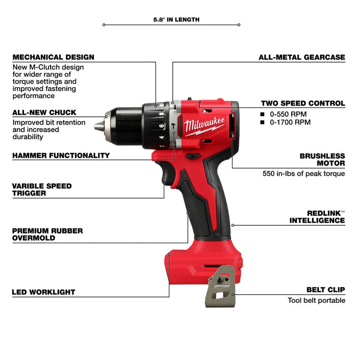 Milwaukee 3602-20 M18 Compact Brushless 1/2" Hammer Drill/Driver - 4