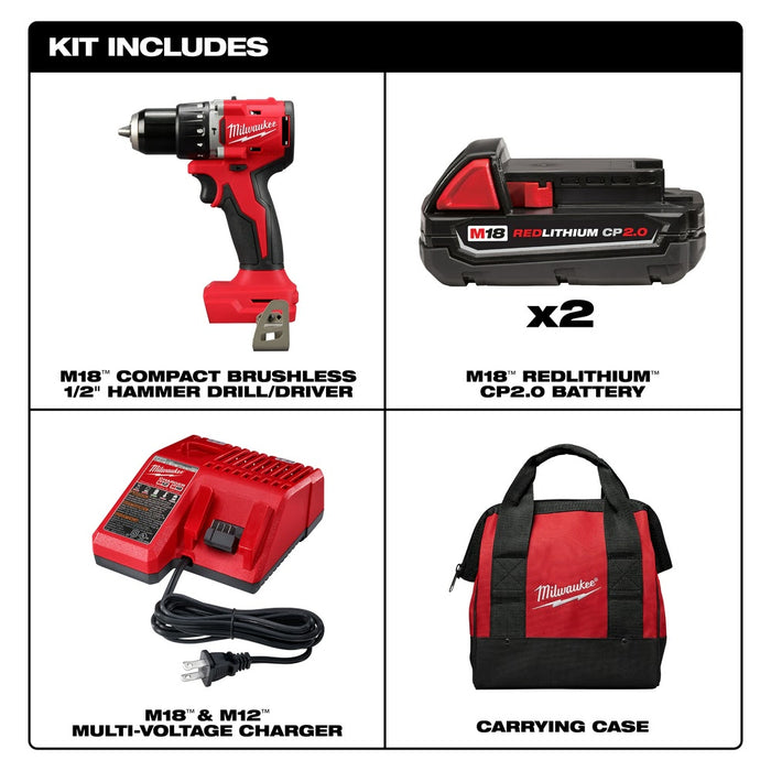 Milwaukee 3602-22CT M18 Compact Brushless 1/2" Hammer Drill/Driver Kit - 3