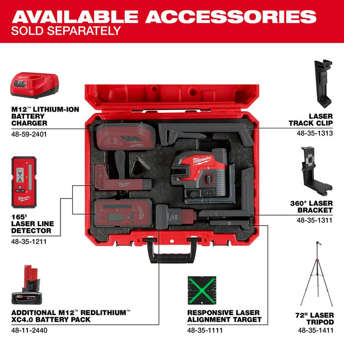 Milwaukee 3624-20 M12 Green Laser - Cross Line & 4-Points - 10