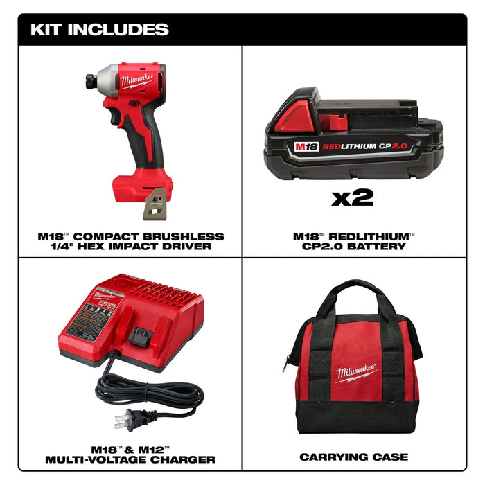 Milwaukee 3650-22CT M18 Compact Brushless 1/4" Hex Impact Driver Kit - 3