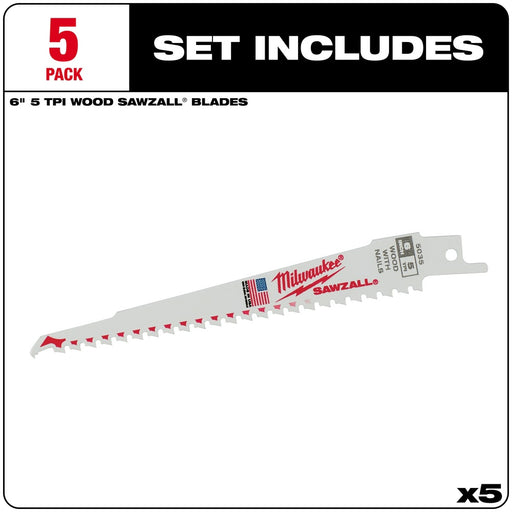 Milwaukee 48-00-5035 6" x 6TPI Bi-Metal Super Sawzall Blade 5-Pack - 2