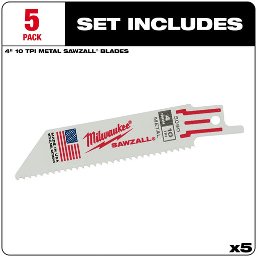 Milwaukee 48-00-5090 4" x 10TPI Bi-Metal Super Sawzall Blade 5-Pack - 2