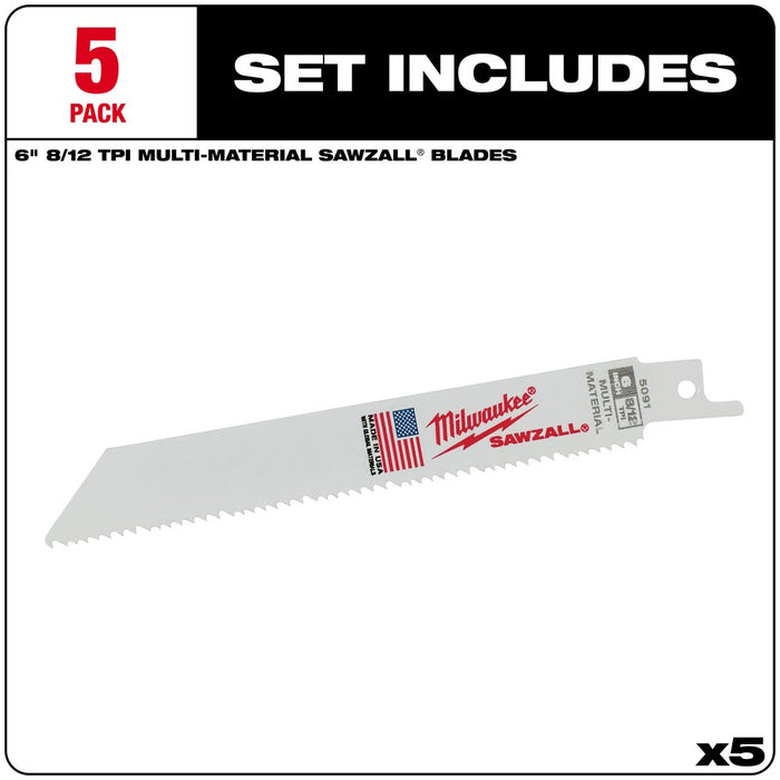 Milwaukee 48-00-5091 6" x 8/12TPI Bi-Metal Super Sawzall Blade 5-Pack - 4