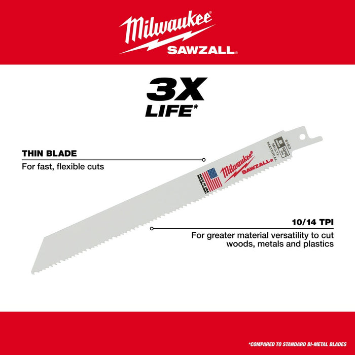 Milwaukee 48-00-5193 8" x 10/14TPI Bi-Metal Super Sawzall Blade - 12