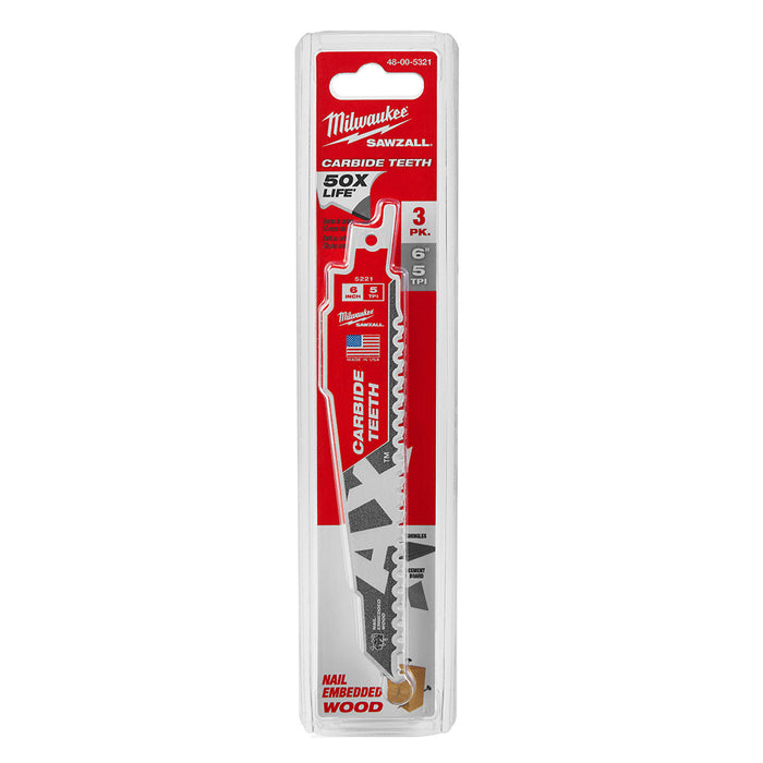 Milwaukee 48-00-5321 6" 5TPI AX with Carbide Teeth Sawzall Blade, 3 Pack