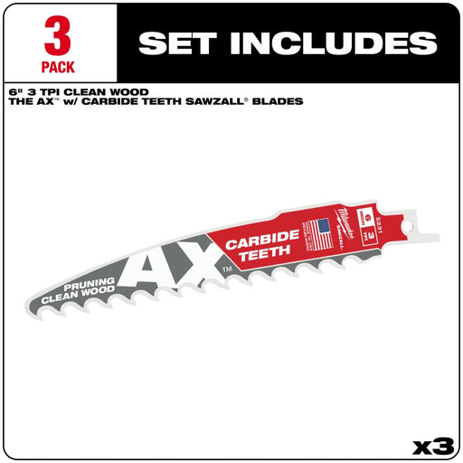 Milwaukee 48-00-5331 6" 3 TPI The AX™ with Carbide Teeth for Pruning & Clean Wood SAWZALL® Blade 3PK - 2