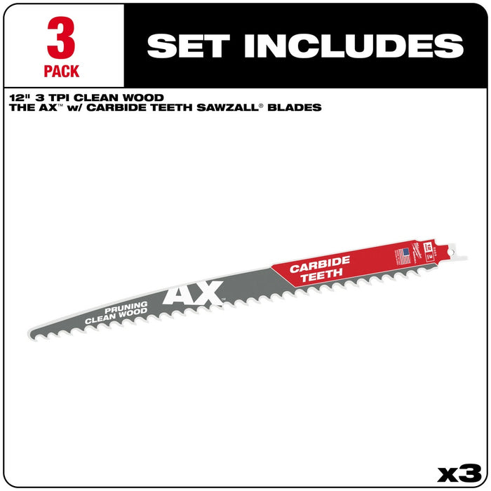 Milwaukee 48-00-5333 12" 3 TPI The AX™ with Carbide Teeth for Pruning & Clean Wood SAWZALL® Blade 3PK - 2