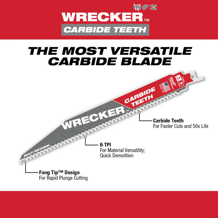 Milwaukee 48-00-5342 9" 6 TPI THE WRECKER™ with Carbide Teeth SAWZALL® Blade 3PK - 6