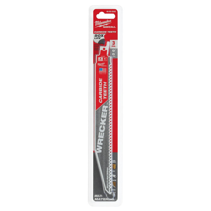 Milwaukee 48-00-5342 9" 6 TPI THE WRECKER™ with Carbide Teeth SAWZALL® Blade 3PK - 11