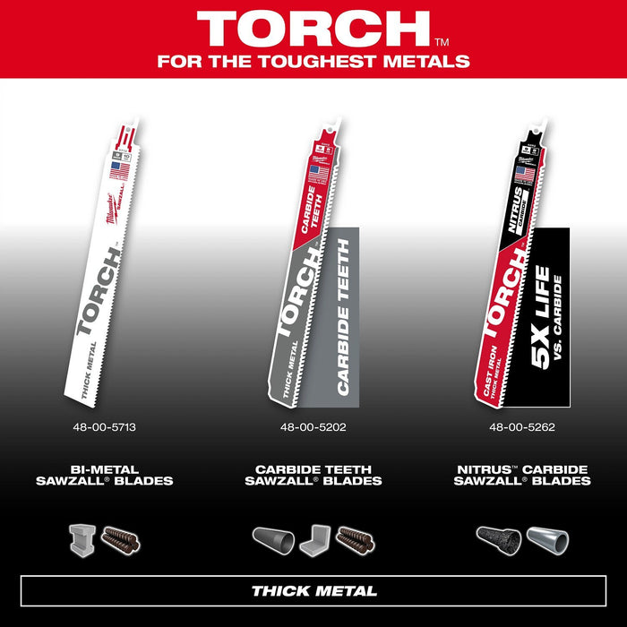 Milwaukee 48-00-5363 12” 7TPI The TORCH™ with NITRUS Carbide™ for Cast Iron SAWZALL®  Blade 3PK - 7