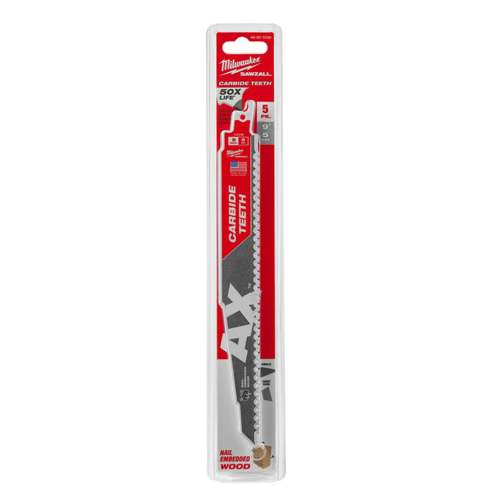 Milwaukee 48-00-5526 9" 5TPI AX with Carbide Teeth Sawzall Blade, 5 Pack - 11