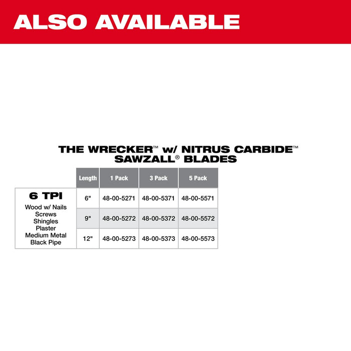 Milwaukee 48-00-5541 6" 6 TPI THE WRECKER™ with Carbide Teeth SAWZALL® Blade 5PK - 9