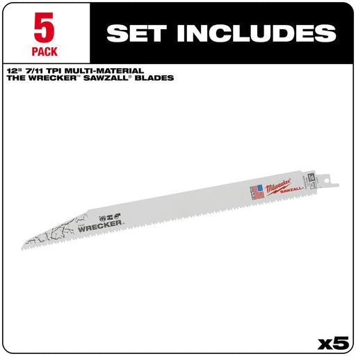 Milwaukee 48-00-5711 WRECKER Multi-Material SAWZALL Blade 12" 7/11TPI 5 Pack - 2