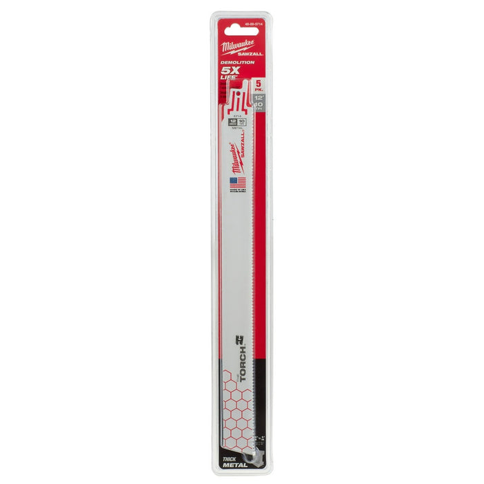 Milwaukee 48-00-5714 Super Sawzall Blade 10 Teeth per Inch 12-Inch Length, Torch , 5 Pack - 11