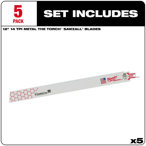 Milwaukee 48-00-5794 Super Sawzall Blade 14 Teeth per Inch 12-Inch Length, Torch , 5 Pack - 2