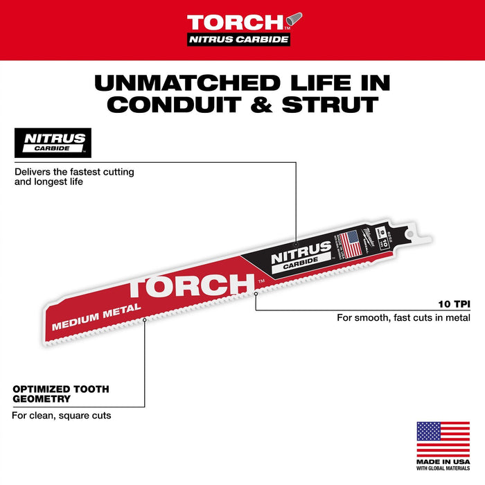 Milwaukee 48-00-6252  9" Reciprocating Saw Blade10TPI The TORCH with NITRUS CARBIDE Teeth for Medium Metal 1PK  - 6
