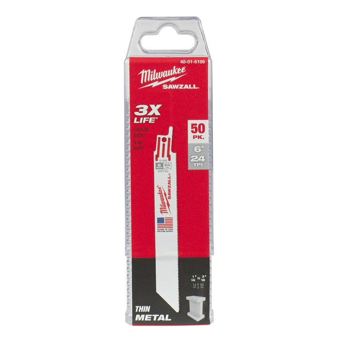 Milwaukee 48-01-6186 6" x 24TPI Bi-Metal Super Sawzall Blade 50-Pack - 10