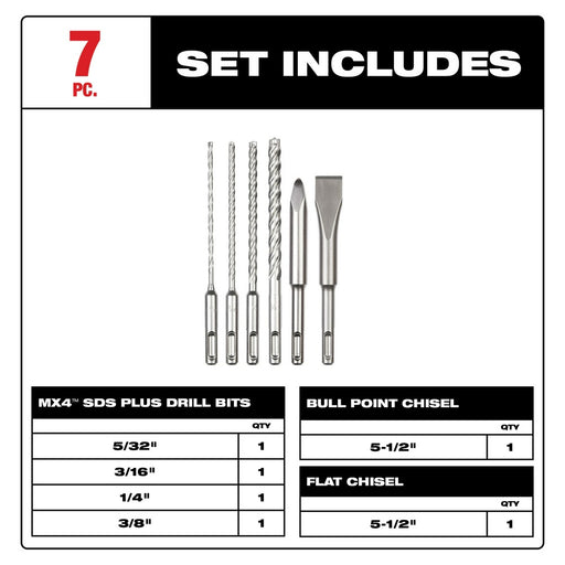 Milwaukee 48-20-7662 6pc. SDS Plus MX4 4-Cutter & Chisel Kit - 2