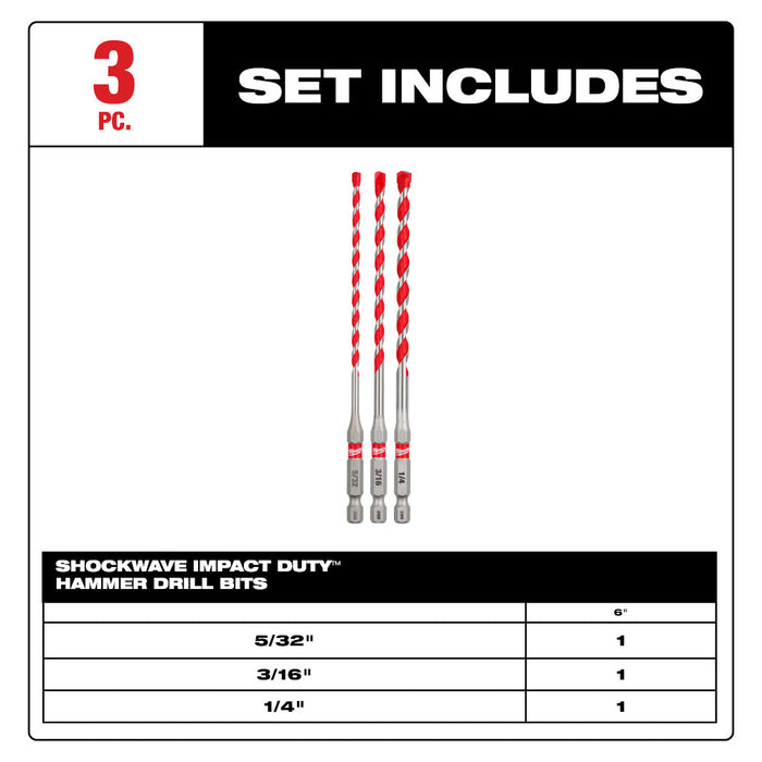 Milwaukee 48-20-9050 3pc. SHOCKWAVE™ Carbide Hammer Drill Bit Kit - 2