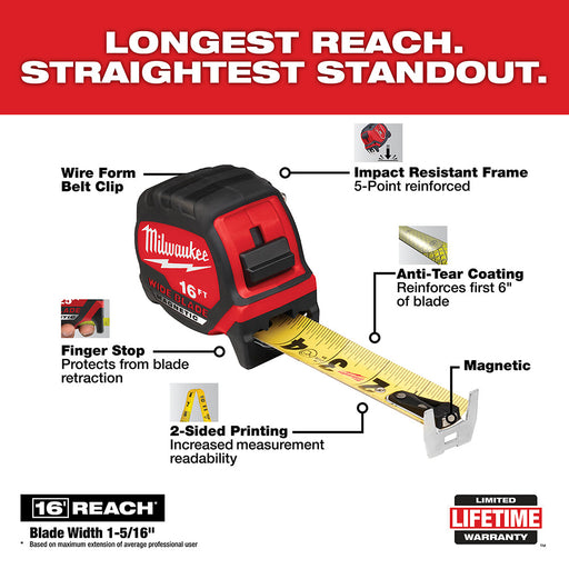 Milwaukee 48-22-0216M 16' Wide Blade Magnetic Tape Measure - 2