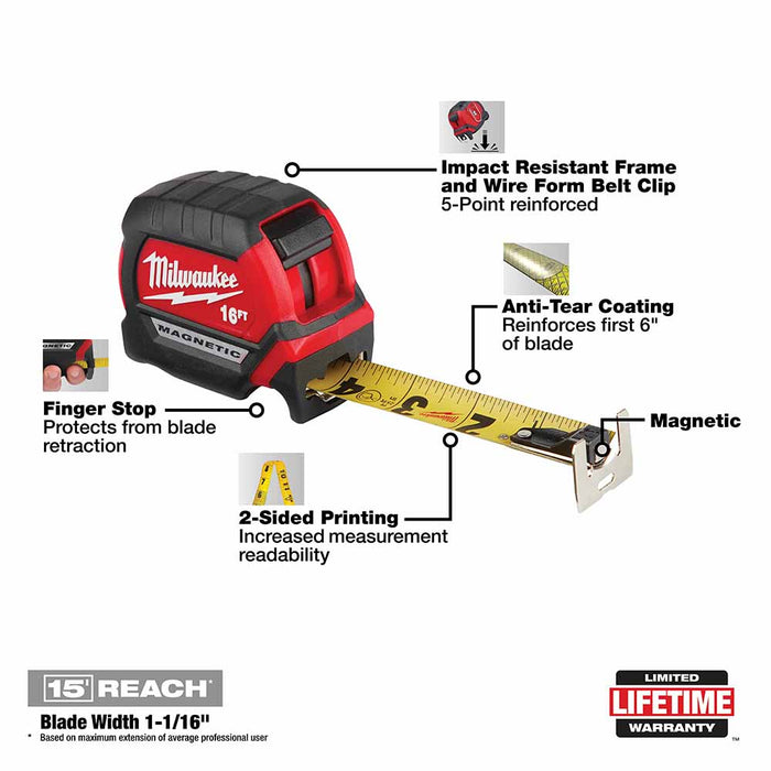 Milwaukee 48-22-0316 16Ft Compact Magnetic Tape Measure - 4